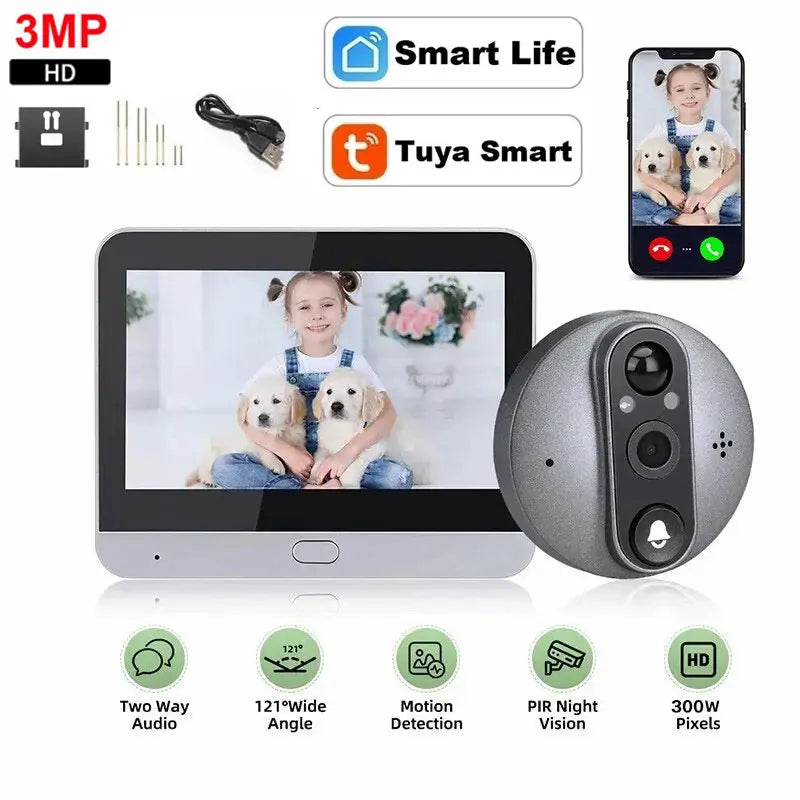Yuezhe Tuya 3MP Peephole Smart WiFi Doorbell with Camera 4.3inch 1080P Eye 5000mAh PIR Motion Alarm Alexa Bell for Home