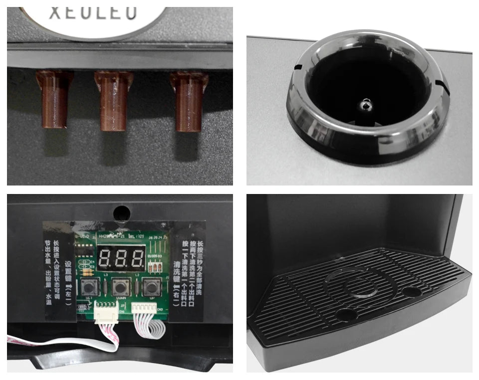 XEULEU black commercial coffee machine details: digital control panel, nozzle, drip tray, and internal components.