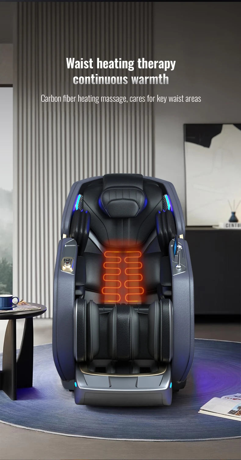 Modern blue and black 4D massage chair with glowing orange heating elements shown in a living room.