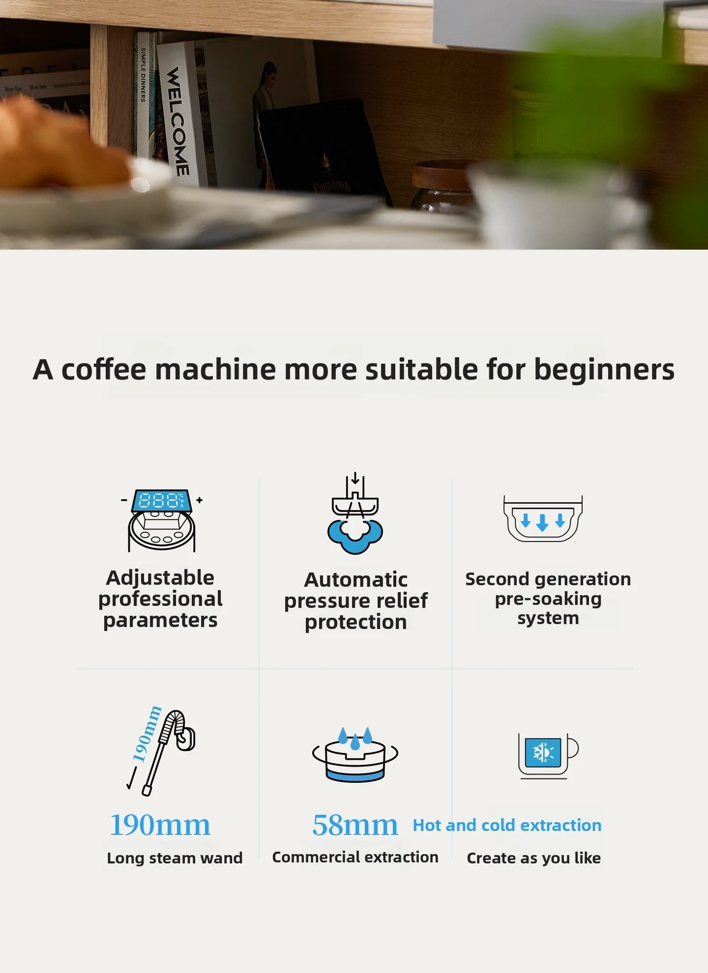 Beginner-friendly espresso machine with 58mm extraction, 190mm steam wand, pressure relief, and pre-soaking features.
