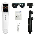 White LED light therapy device with glasses, user manual, charging cable, black tripod stand, and mounting clip.