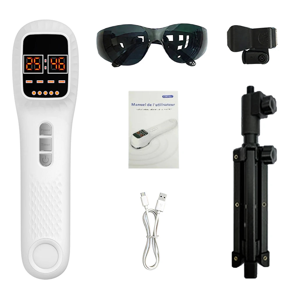White handheld red light therapy device with digital display, protective glasses, tripod stand, and USB charging cable.