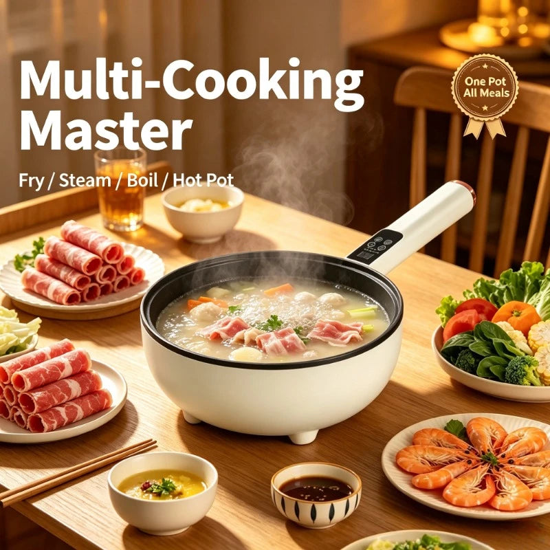 White multi-cooking electric pot with copper center heating, filled with broth, black lid