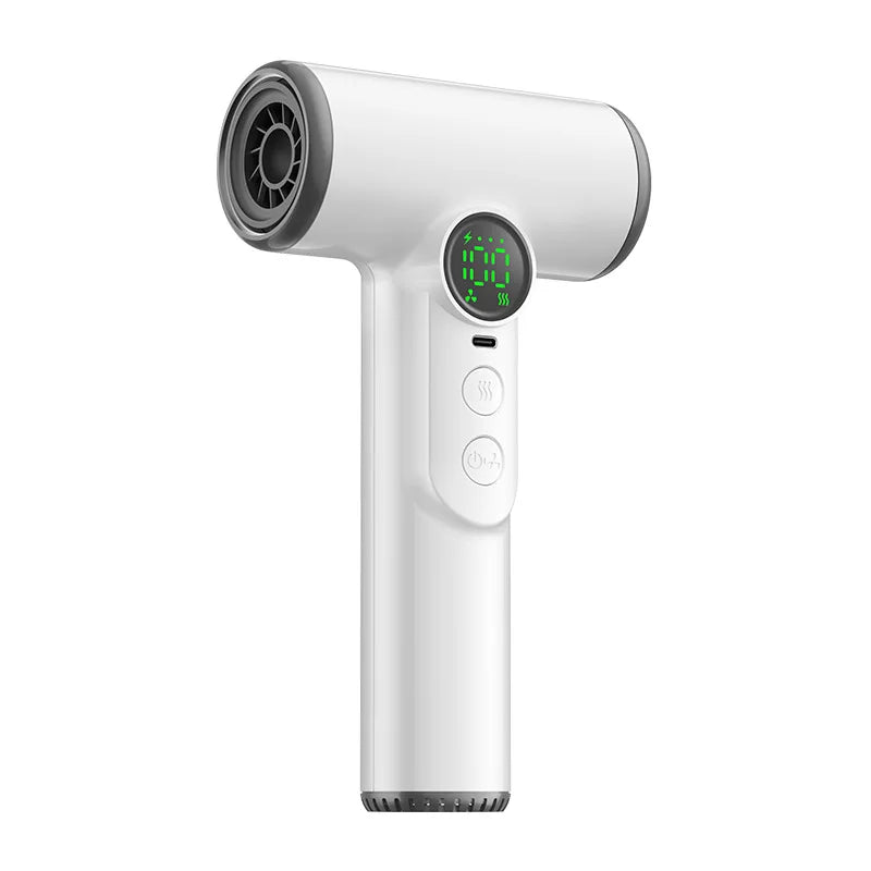 Portable white wireless hair dryer with digital display, cold/hot air settings, and high-capacity battery for travel.
