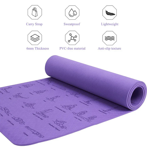 TPE yoga mat, smart yoga mat in purple, side angle view of 183cm anti-skid fitness exercise and pilates gym mat.