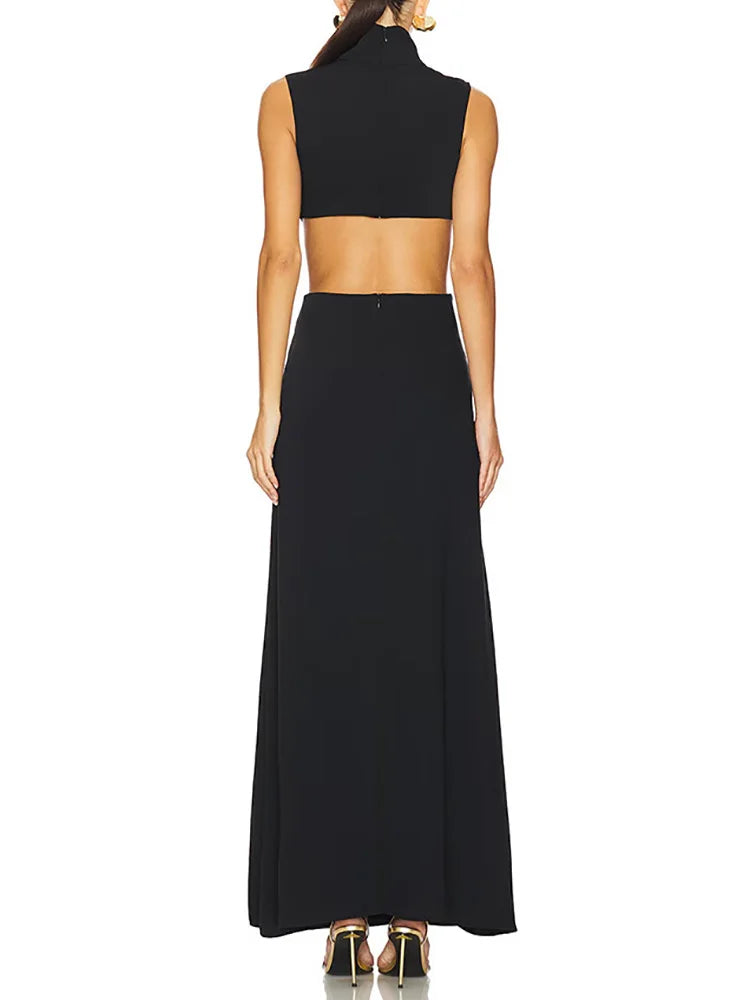 Solid Patchwork Hollow Out Fashion Maxi Dress, Women Summer Sleeveless Simple Party Dress, 2025 New Turtleneck Sexy Ladies Dress
