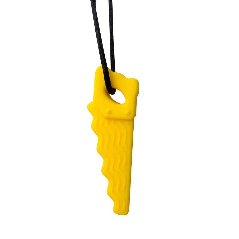 Yellow silicone saw teething toy for baby pain relief.
