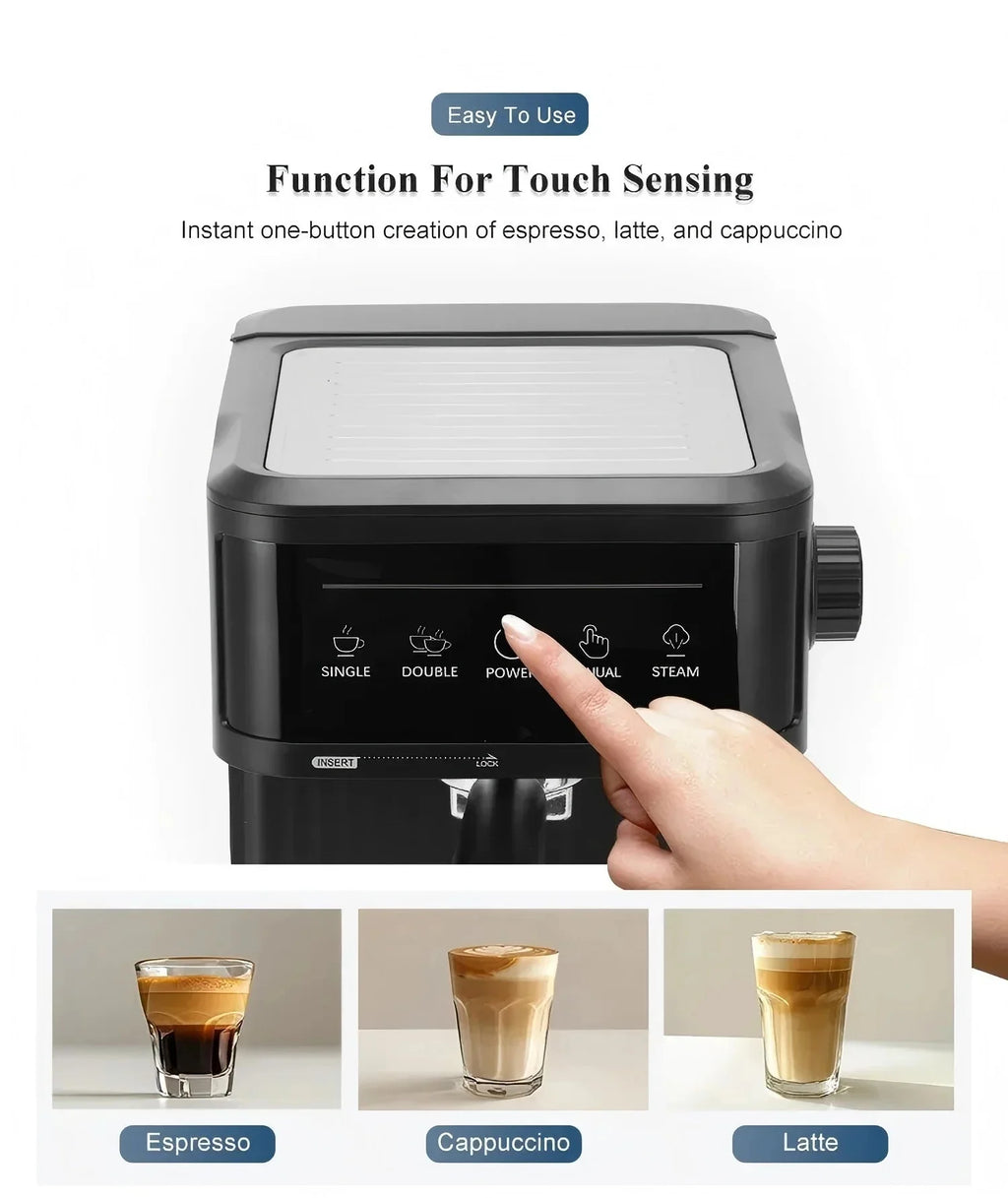 Black touch-screen espresso machine with one-button controls for single, double, manual espresso, latte, and steam.