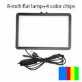 8-inch rectangular LED flat panel light with USB cable, remote controller, and four colored filters for photography.