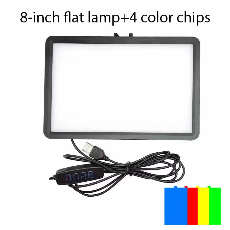 8-inch rectangular LED flat panel light with USB cable, remote controller, and four colored filters for photography.