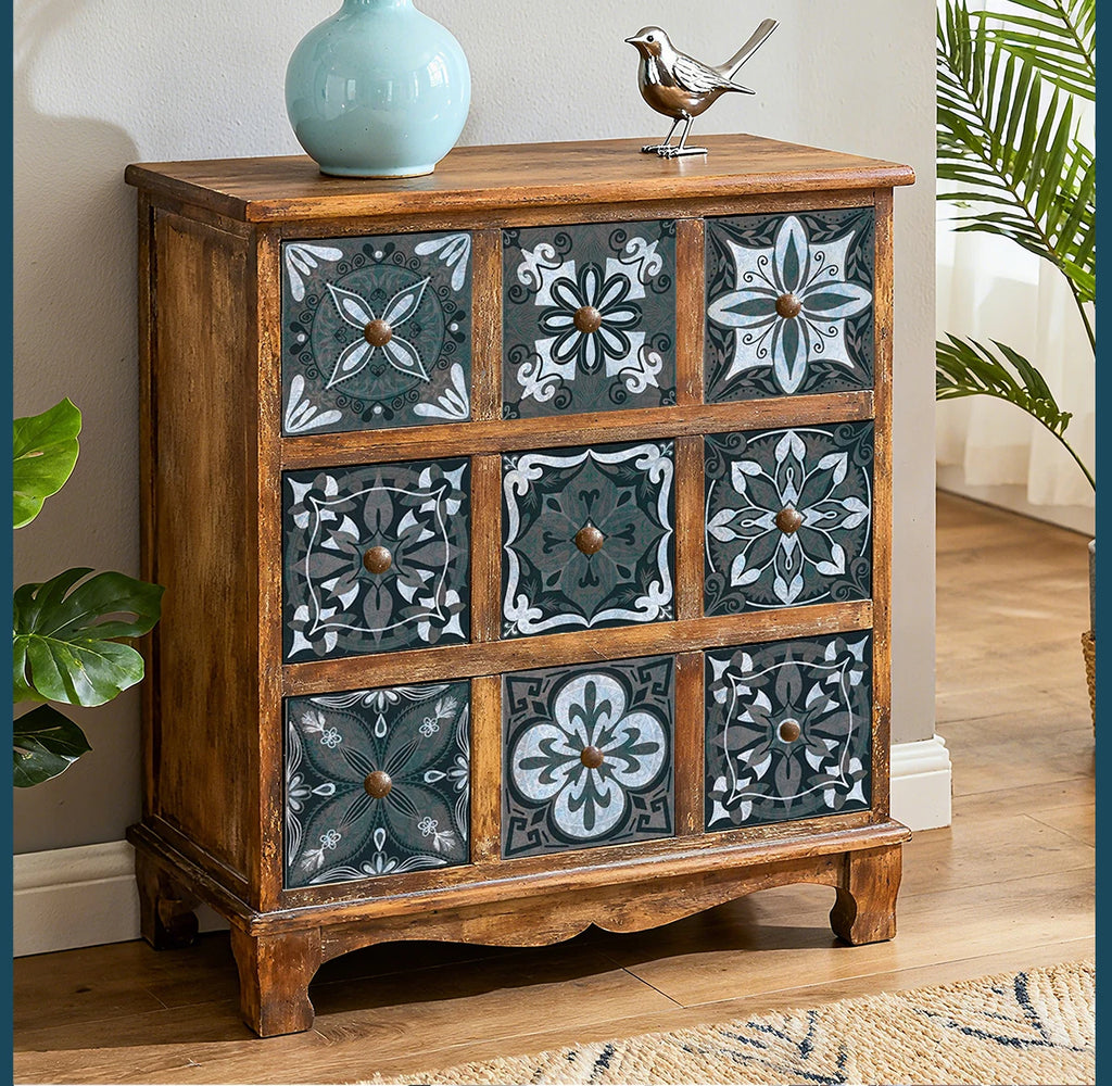 Dark Grey Vintage Boho Floral Tile Stickers Self Adhesive Glossy PVC Waterproof Decals Cabinet Kitchen Bath Wall Backsplash Deco