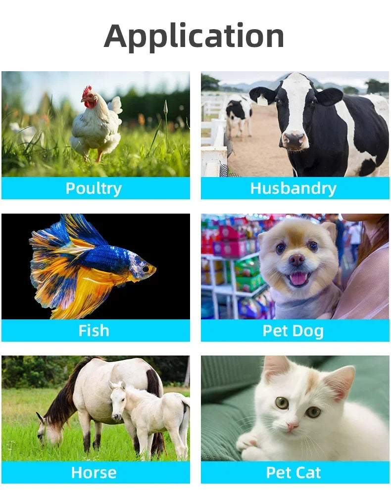 5YOA handheld pet microchip scanner with OLED display for scanning RFID chips in dogs, cats, livestock, and fish.