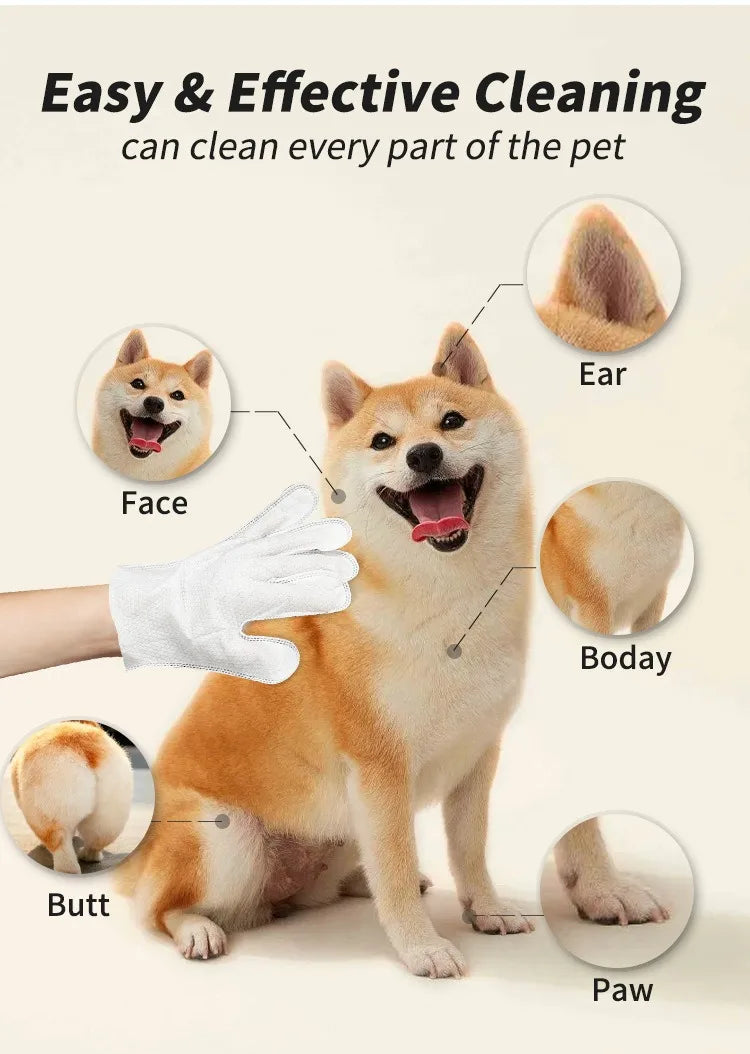 6pcs pet wash-free cleaning gloves for dogs and cats, white deodorizing wipes for easy, waterless bathing.