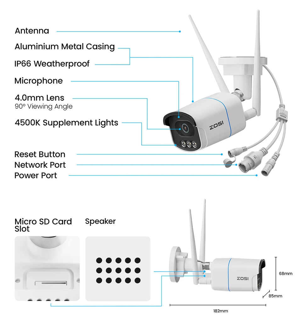 ZOSI 8MP/5MP Aurora Lux WiFi Security Camera True Full Color Night AI Detection Outdoor 4K/3K HD CCTV Video Surveillance Camera