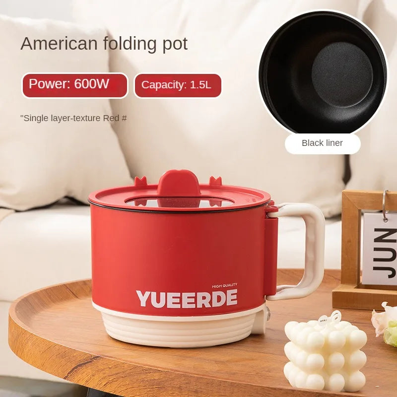 Red mini folding hot pot with black lid liner and YUEERDE label, 1.5L