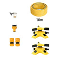 Garden sprinkler set with 10m yellow hose coil, nozzle, adapters, and rotating sprinkler