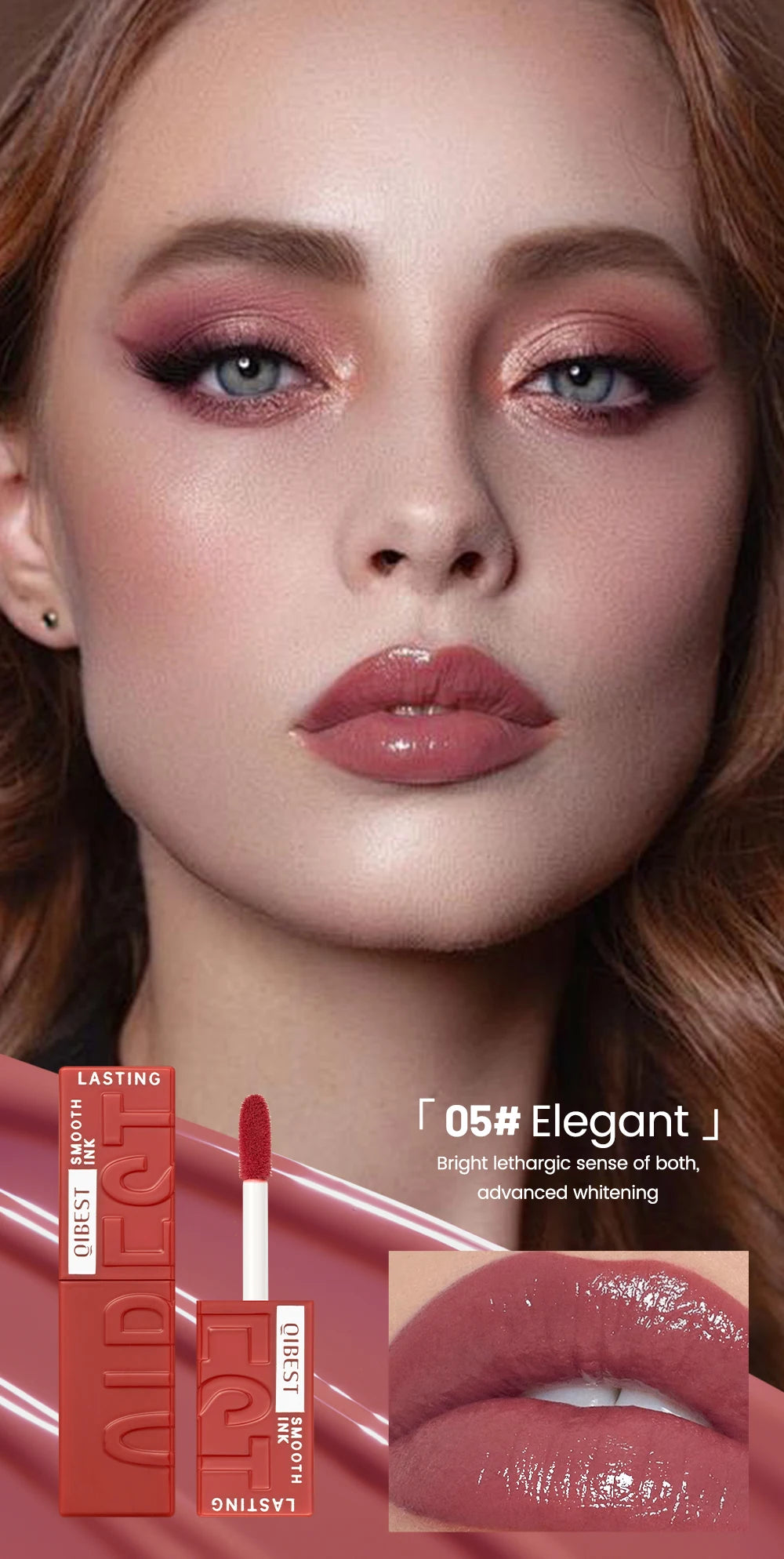 QIBEST glossy liquid lipstick in shade 05 Elegant for a moisturizing, mirror-finish, long-lasting watery lip look.