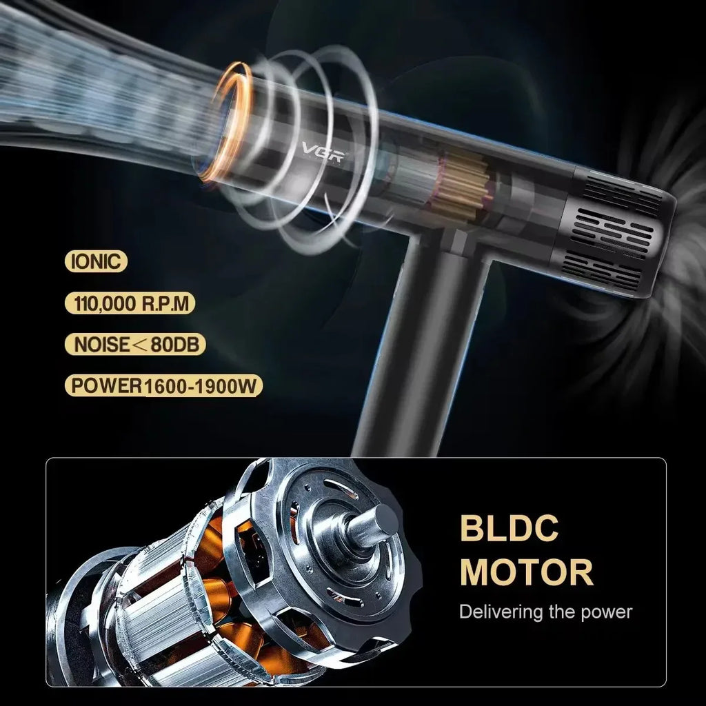 VGR V-427 black ionic hair dryer with 110k RPM brushless motor for professional, high-speed styling and salon results.