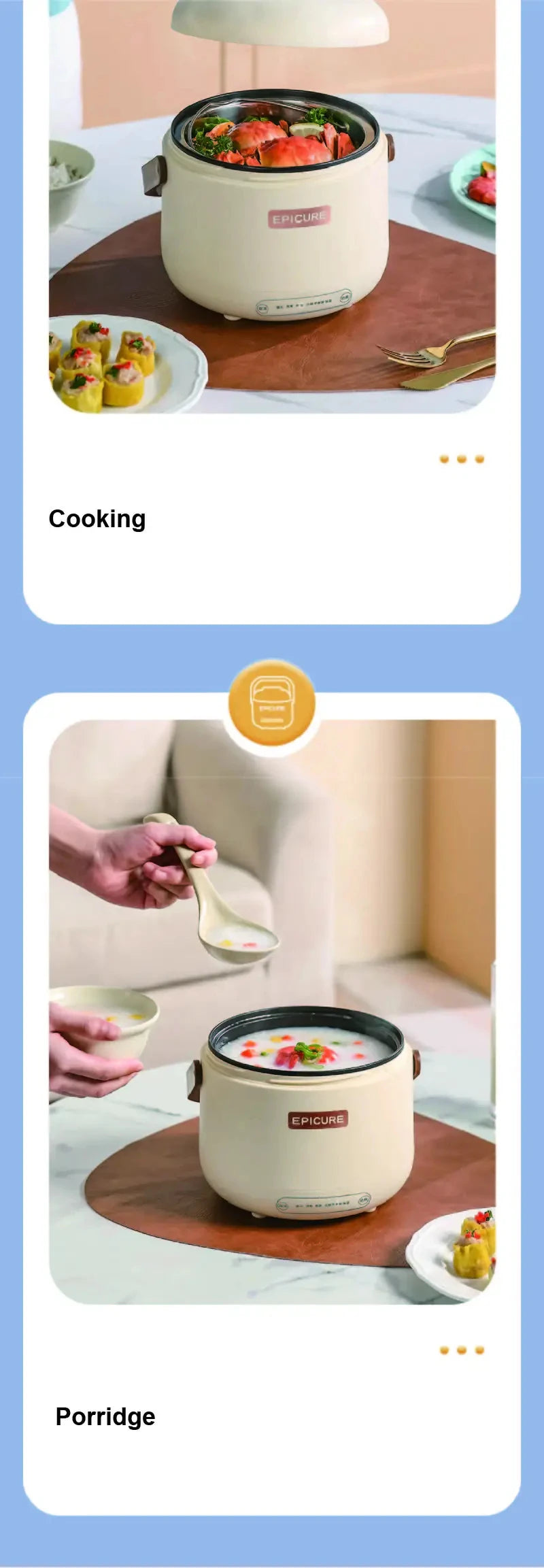 White electric rice cooker with lid, pot filled with cooking food