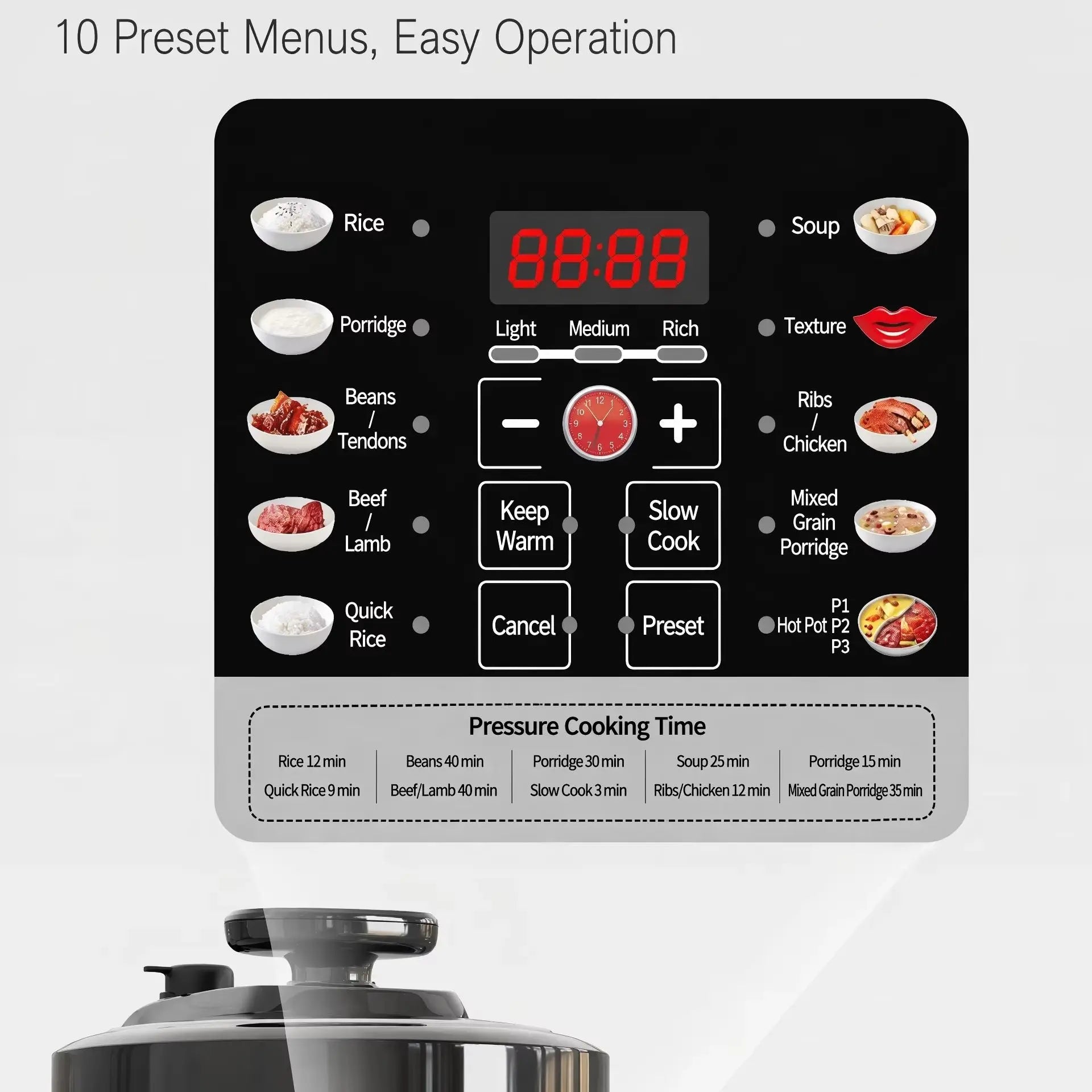 Control panel view with preset menu labels and digital 88:88 display