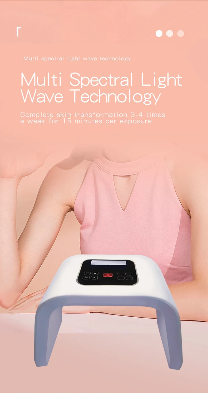 White, arch-shaped LED facial light therapy device with a digital control panel on top.