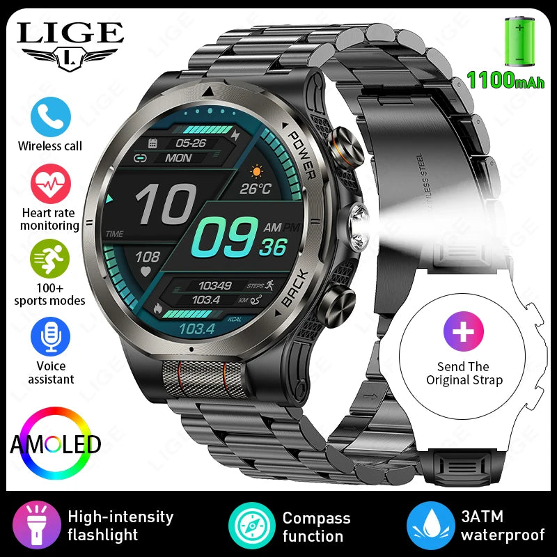 Black metal-link smartwatch with round AMOLED-style display showing teal time and icons