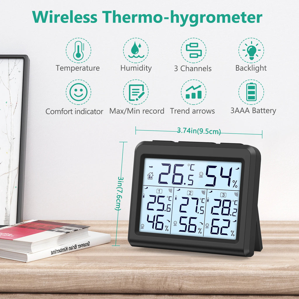 ORIA Indoor Thermometer Digital Hygrometer Wireless Temperature and Humidity Gauge Monitor with 3 Sensor for Home Office Bedroom
