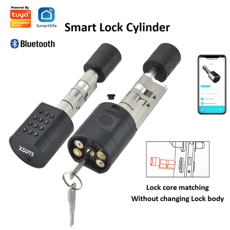 XSDTS Cylinder Electronic Smart Door Lock  Tuya APP Fingerprint Digital Keypad Key Card Remote Control Adjustable Home Apartment