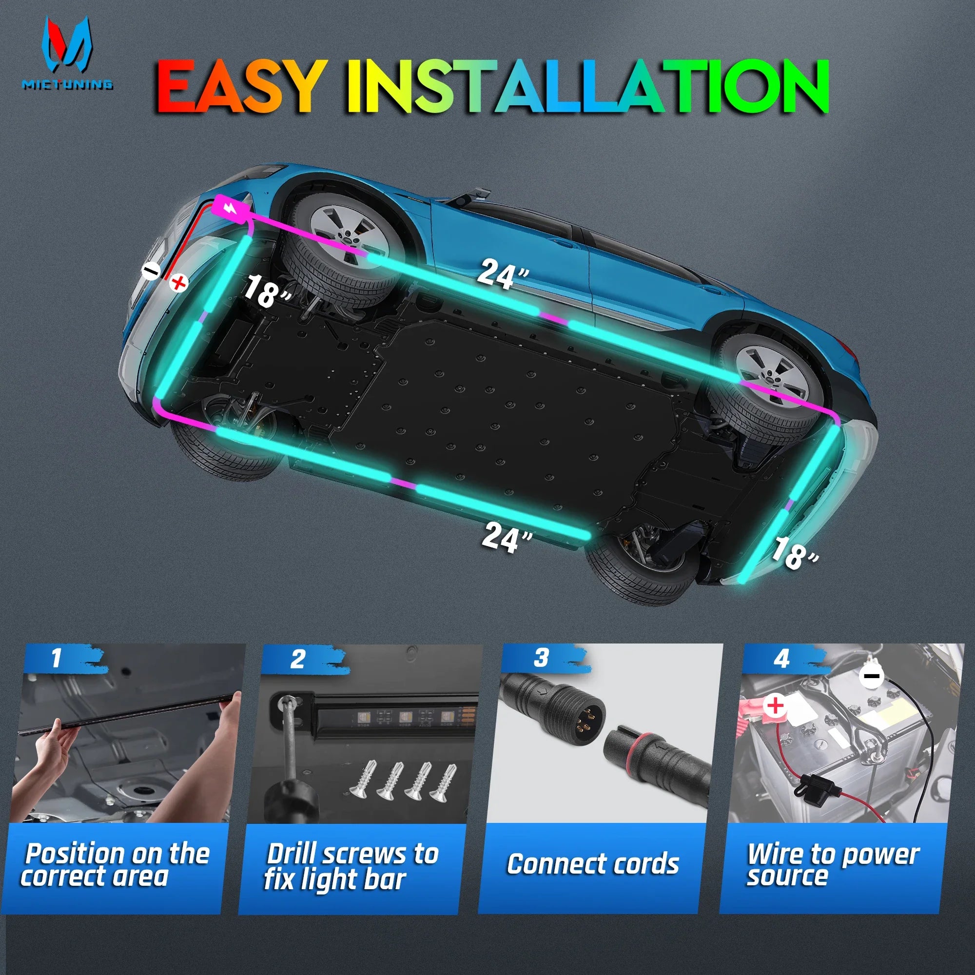 Underglow LED light kit with two 24-inch and two 18-inch strips, shown mounted under a car with 4-step installation.