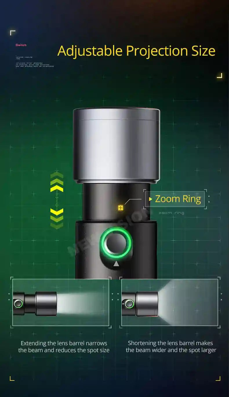 Black handheld flashlight with an adjustable silver zoom ring to change the beam width and projection size.