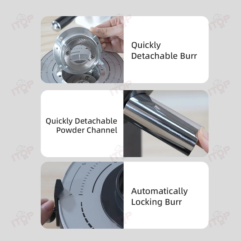 ITOP coffee grinder features: detachable metal burr, removable powder channel, and auto-locking mechanism.