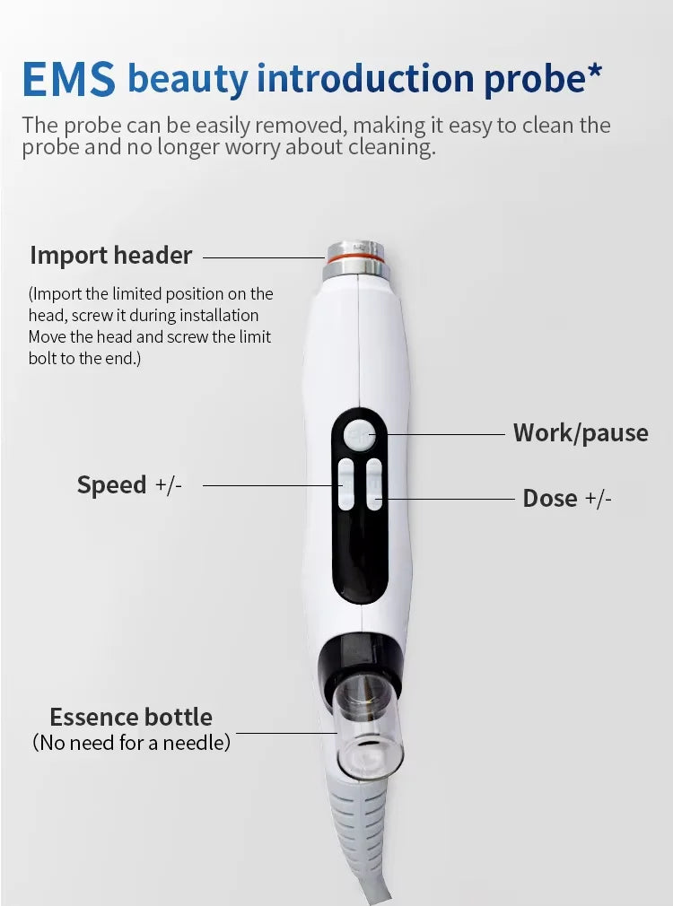 White 3-in-1 nano vacuum mesotherapy gun with EMS, RF technology, adjustable dose, and detachable essence bottle head.