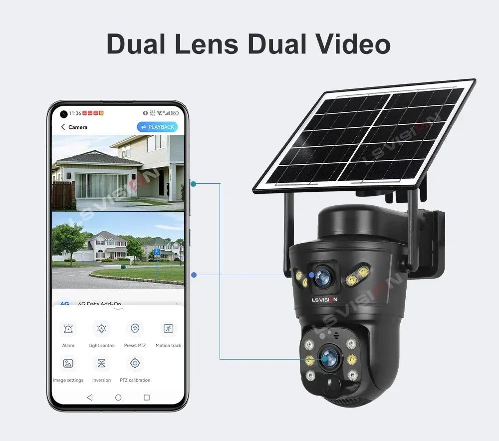 LS VISION Dual-Screen 4G/Wifi Outdoor Solar Camera Security 4K PIR Human Tracking CCTV Surveillance Camera V380 Pro Waterproof