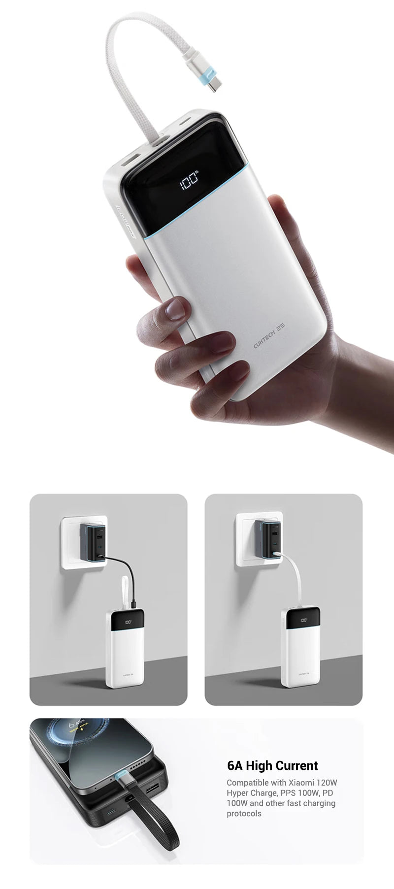 CUKTECH 25000mAh 120W Portable Charger with Built-in USB-C Cable Tidesmit