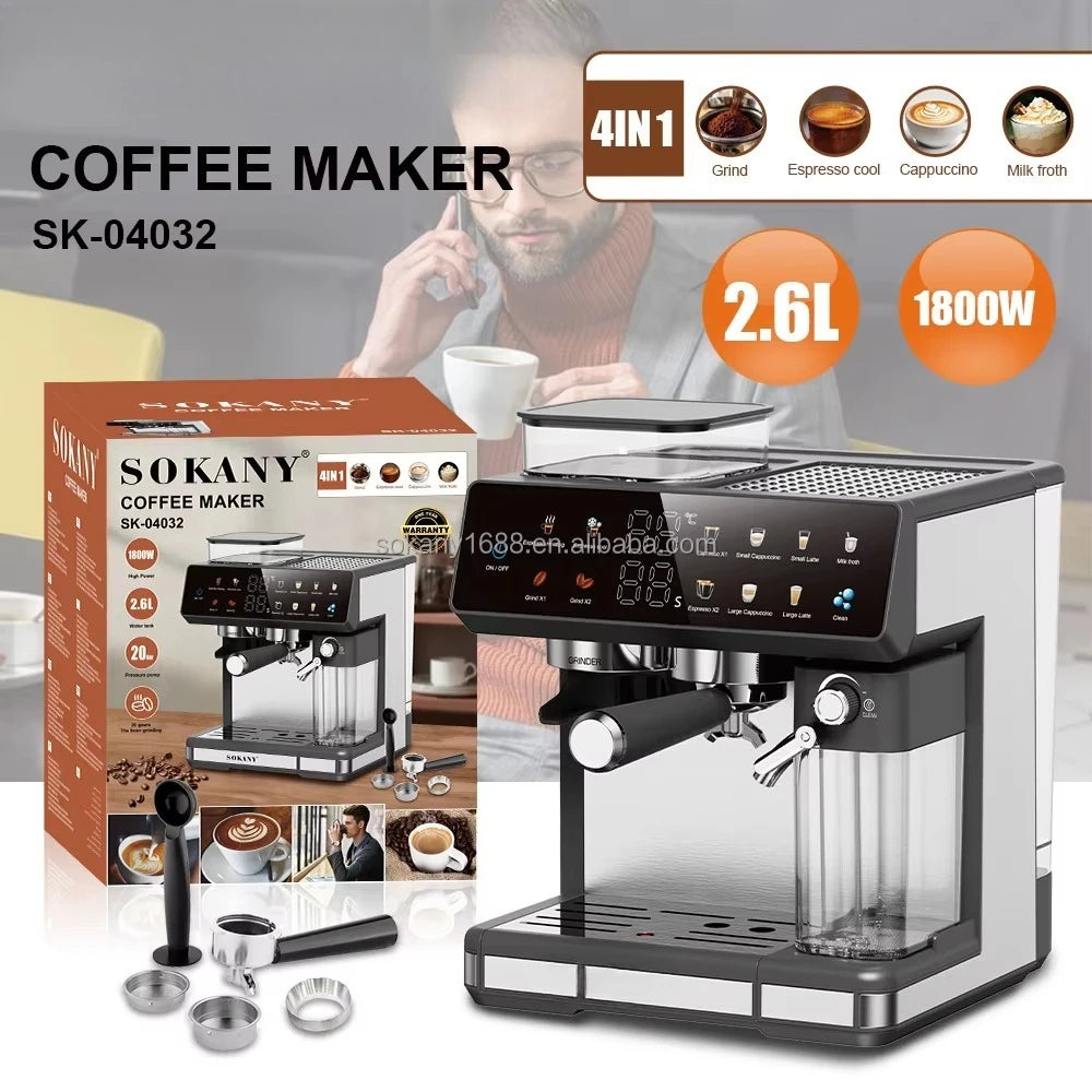 Sokany 4-in-1 espresso coffee maker, 1800W, 2.6L tank, black and silver finish with digital touchscreen and grinder.