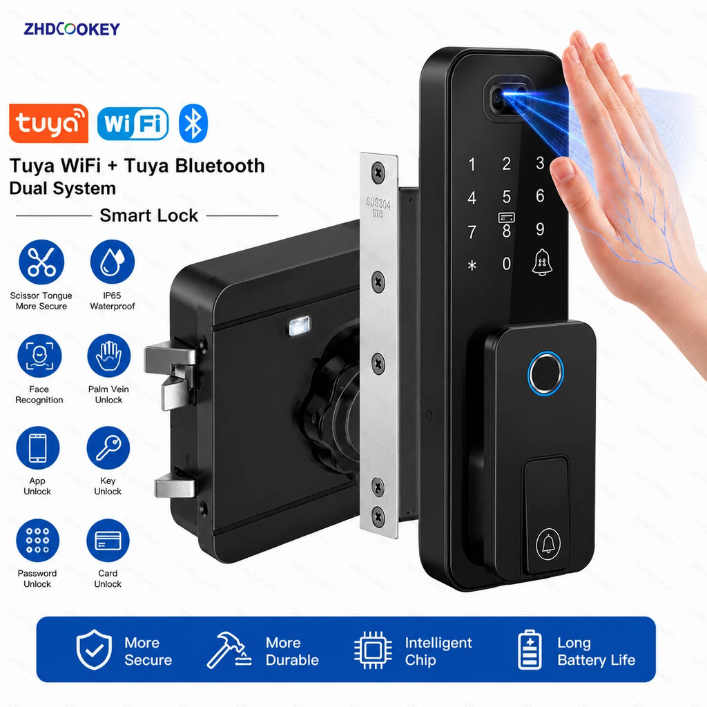 Smart Tuya WiFi APP Bluetooth Door Lock with Palm Vein Face Recognition Doorbell Waterproof Scissor Tongue Rim Locks No Drilling