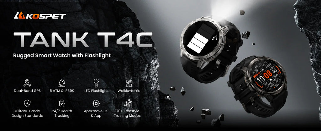 KOSPET TANK T4C Men's Military Smartwatch Rugged GPS Watch with Flashlight 5ATM Waterproof & All-Day Health Tracking