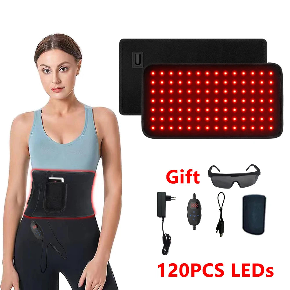 Red light therapy belt with 120 LED infrared heat pad for pain relief, weight loss, and back support with accessories.