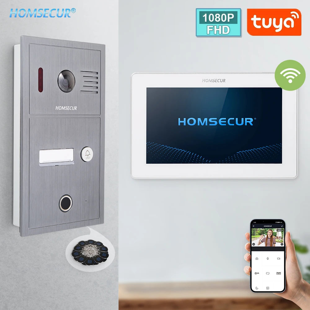 HOMSECUR 4 Wire Tuya Smart 7" WIFI 1080P Video Phone Doorbell Intercom IP65 Camera Fingerprint IC Keyfobs Access Snapshot Record