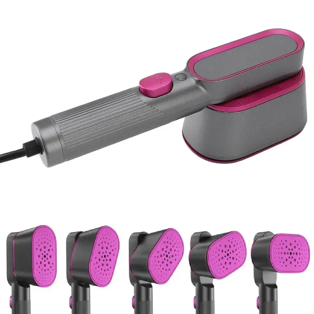 Handheld garment steamer in gray and pink with a foldable handle and five interchangeable steam head attachments.