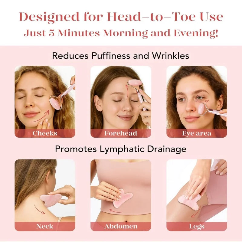 A rose quartz facial roller and gua sha stone shown being used on the face, neck, abdomen, and legs.