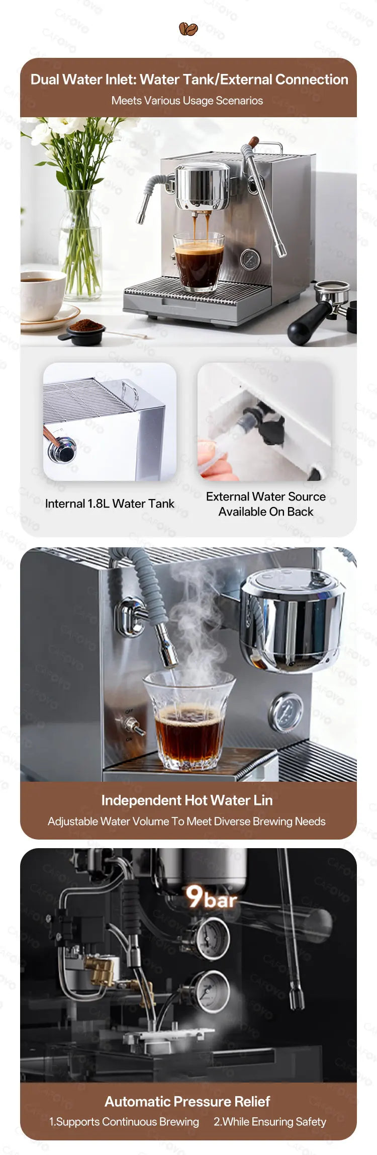 CAFVO stainless steel 9-bar espresso machine with 1.8L internal tank and external water source connection.