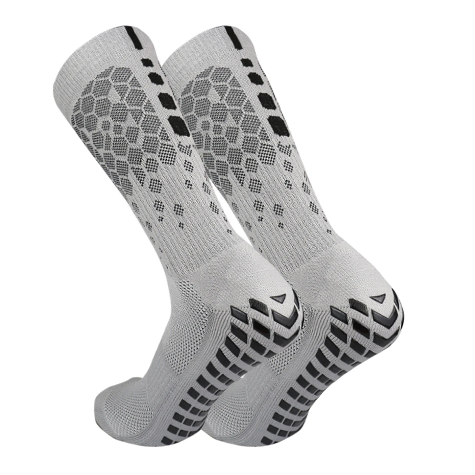 Tidesmit grey athletic crew socks with black hexagonal patterns and non-slip rubber grips on the heels and soles.