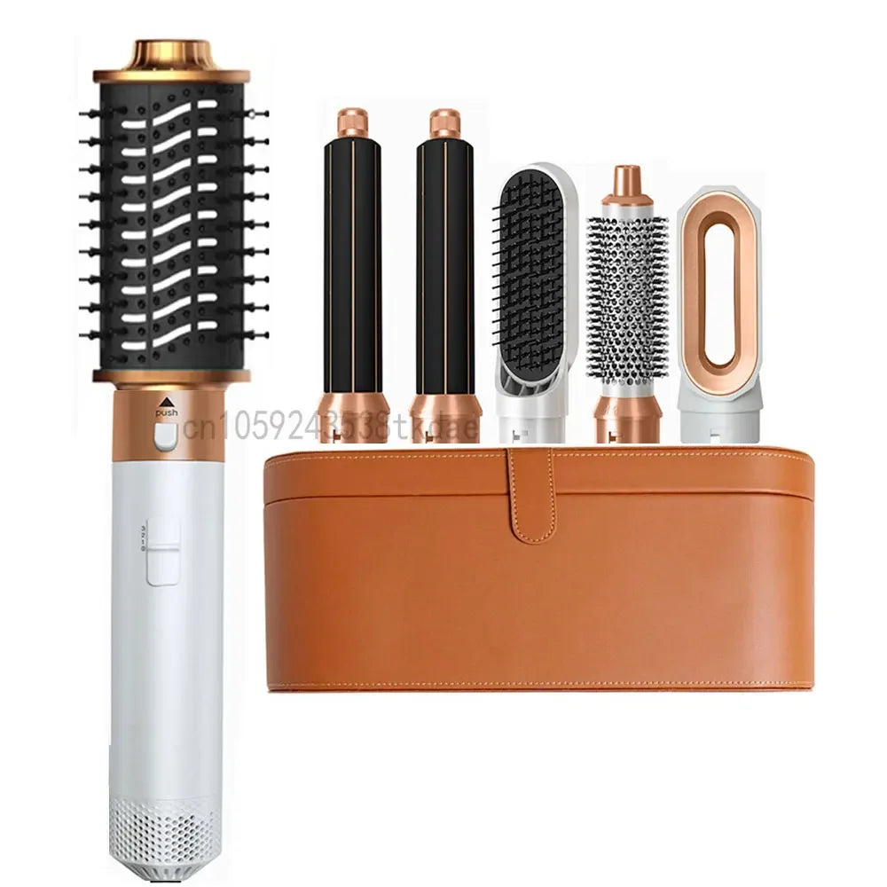 6-in-1 gold and white hair dryer brush set with styling attachments, curling barrels, and leather storage case.