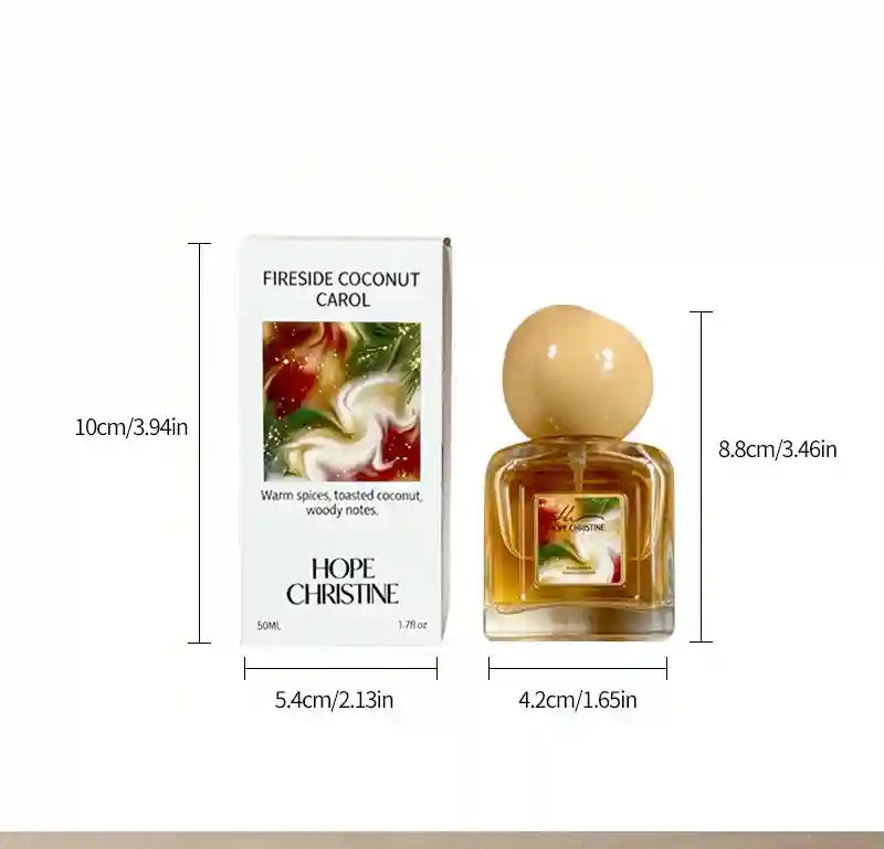 Hope Christine Fireside Coconut Carol gourmand perfume: coconut, vanilla, woodsy EDP spray in a round-cap square bottle.