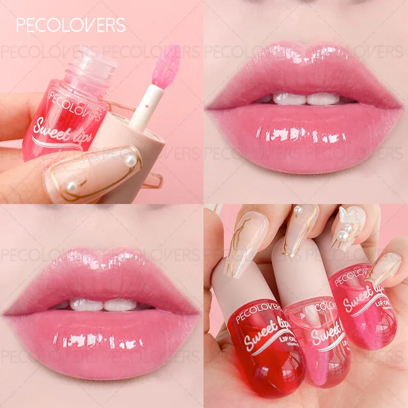 Pecolovers moisturizing lip oil, shiny pink plump texture, long-lasting color-changing fruit lip makeup for glossy finish.