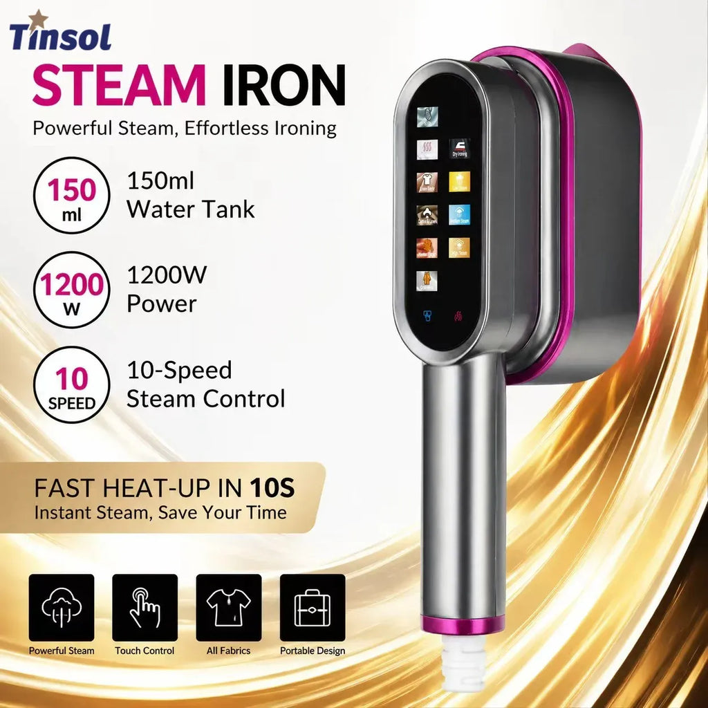 Tinsol steam iron with 150ml tank, 1200W power, touch screen, and 10-speed control for portable garment care.