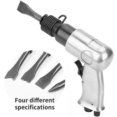 Pneumatic air hammer tool with multiple chisel attachments and spring coupler