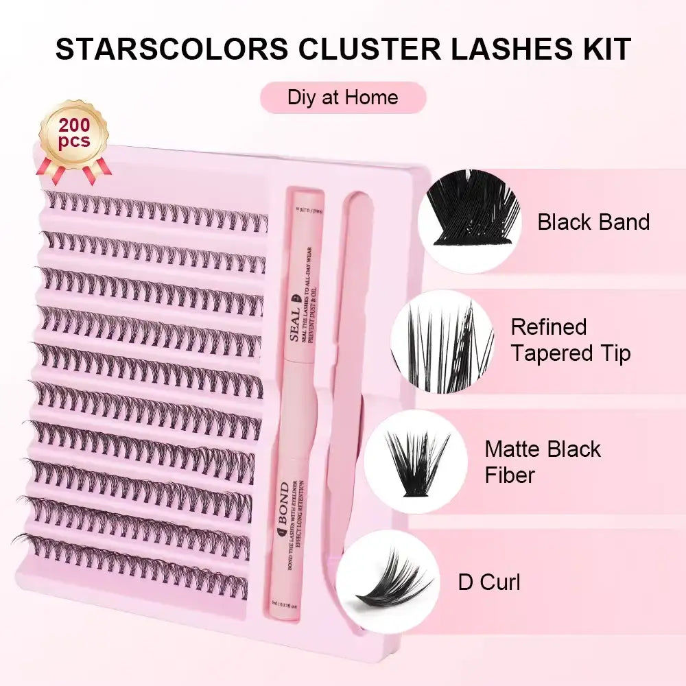 DIY cluster lash kit with 200 matte black D-curl lashes, adhesive bond, and sealer in a pink tray.