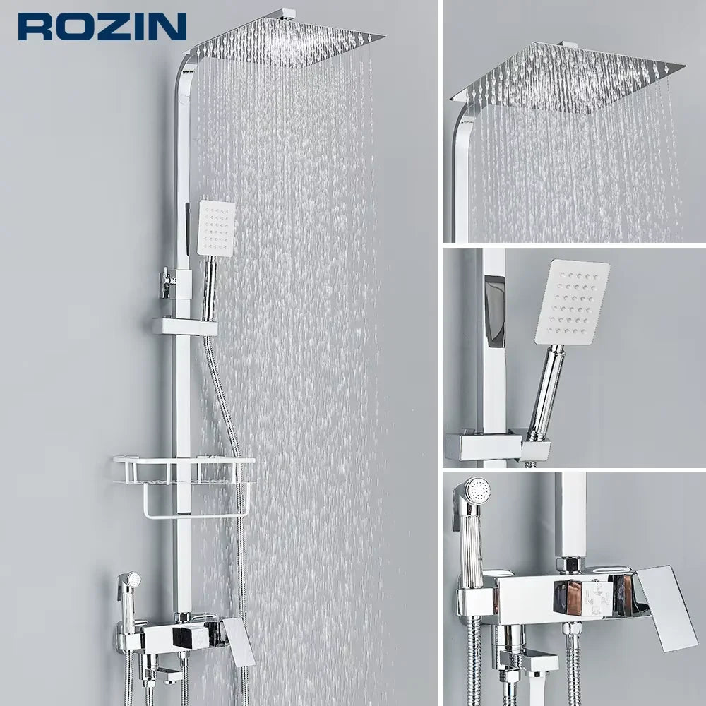 Rainfall Bathroom Shower Faucet Kit With Bidet Wall Mounted Stainless Steel Hot Cold Water Mixer Tap System With Rack,Tub Spout
